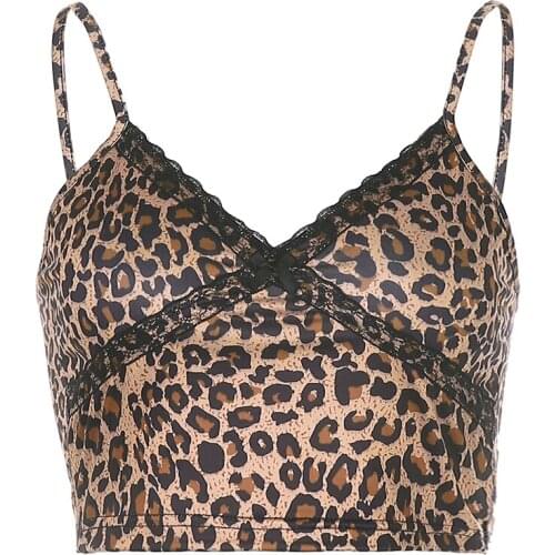 Women’s Fashion Leopard Camisole Summer Sexy Lace Decorated V-neck Spaghetti Straps Camis Slimming Tube Top Skinny Clubwear