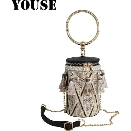 YOUSE Brand New Womens Bag Ethnic Style Chain Straw Bag Cross-body Bag Fashion Handcarried Fringe Pen Holder Bags Evening Bags