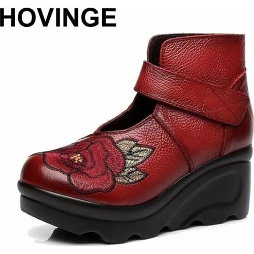 HOVINGE 2018 Fashion Women Autumn Genuine Leather Boots Handmade Vintage Flower Embroidered Ankle Botines Wedges Shoes Woman
