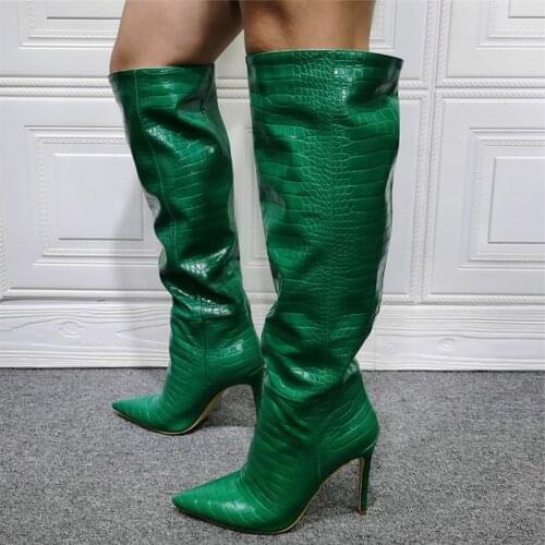 Green Snake Print Sexy Pointed Toe Slip on Knee High Boots Shoes High Quality Fashion Shoes Booty Women Big Size 47 Winter Boots