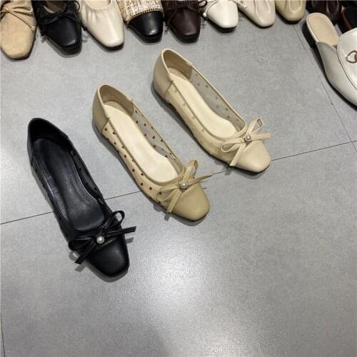 Heart-Shaped air mesh moccasins femme ballerina loafers square toe breathable sneaker shoes women pearl bow-knot flats woman2021