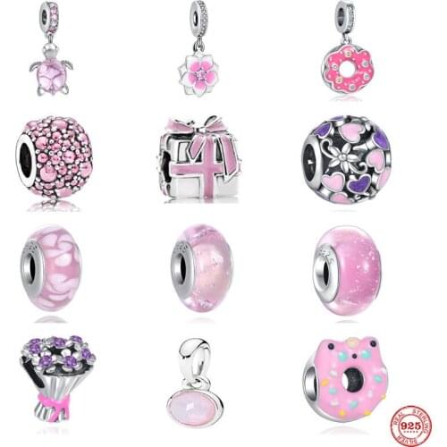New 925 Sterling Silver European Pink Series Turtle Beads Fit Original Pandora Charms Bracelet DIY Women Jewelry Accessories