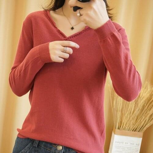 BARESKIY Womens Top Cotton Sweater V-neck Knit Long Sleeve Sweater Solid Slim Comfortable Stretch Cotton Sweater