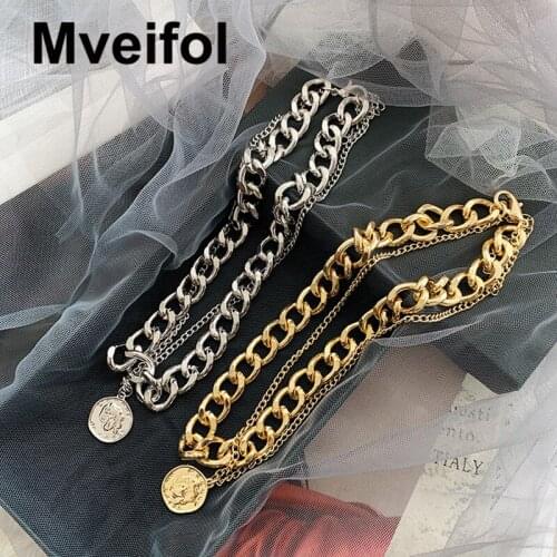 Mveifol Punk Multi Layered Coin Choker Necklace For Women Fashion Chunky Portrait Cuban Link Chain Necklace Jewelry