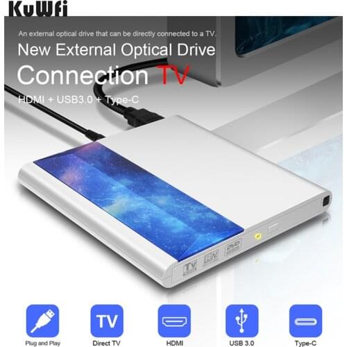 KuWFi 100% Brand New External DVD Drive support Connecting TV Remote Control with USB 3.0 and Type C interface