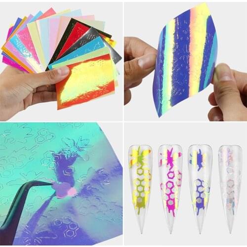 16pc/Set Holographic Nail Sticker Elf Hexagon Design Strip Tape Thin Laser Silver Stripe Sticker DIY Foil Decal Sticker