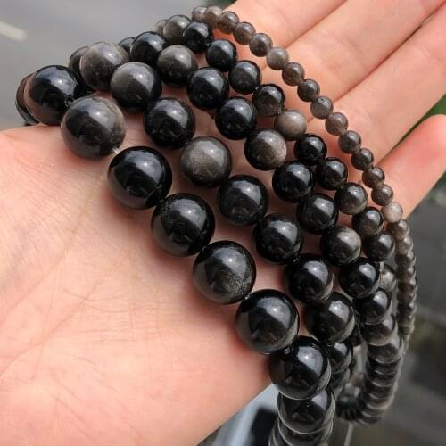 4-12mm Natural Stone Silver Obsidian Beads Round Loose Spacer Beads For Jewelry Making Diy Bracelet Necklace Supplies 15"/Strand