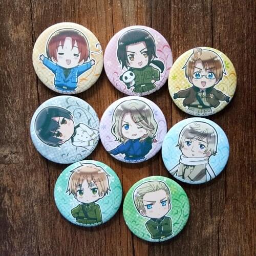 8pcs/Set 58MM Anime Axis Powers Hetalia World Twinkle Panda China APH Moive Broochpin RussiaItaly,US.UK Badge Brooch Anime Badge