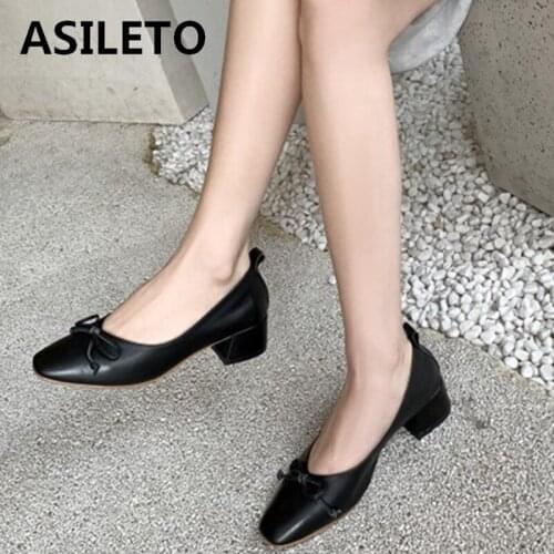 ASILETO New Women Pumps 2021 Square Toe 4cm Heels Genuine Leather Bowtie Classic Stylish Big Size 34-42 Date Summer A3352