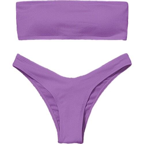 Womens Solid Color 2Pcs Bikini Suit, Strapless Hollowed Back Bandage Tops with Triangle Bottom, Super Sexy Swimwear