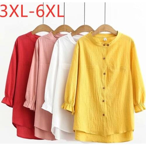 New Ladies Autumn Winter Plus Size Tops For Women Large Blouse Long Sleeve Loose Yellow Pocket Cotton Long Shirt 3XL 4XL 5XL 6XL