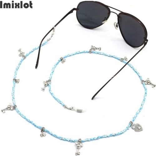 Cute Key Heart Lock Glasses Chains for Women Metal Sunglasses Cord Blue Stripe Beaded Eyeglass Lanyard Necklace Eyewear Holder