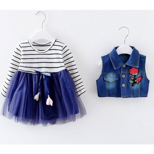 Children Girls Dress Spring/ Autumn Kids Baby Clothes Sets Girls Fashion Net Yarn Dress + Denim Vest Suit Infant Rose Vest Dress