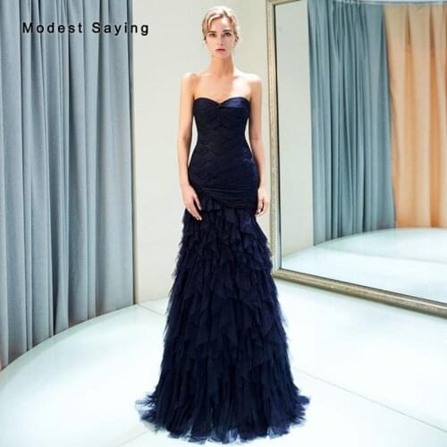 Elegant Navy Blue Mermaid Evening Dresses 2019 Featuring Ruffled Skirt Prom Gowns vestidos de fiesta largos elegantes de gala