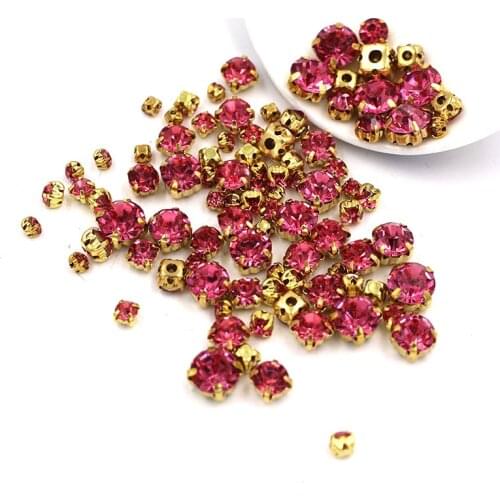 Hot slae 100pcs/bag Mixed size Rose red glass strass Clothing loose beads gold base sewing Crystal rhinestones diy Wedding dress
