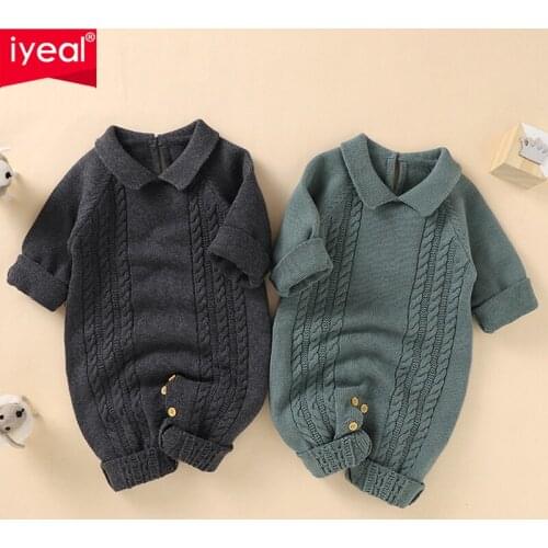 IYEAL Autumn Winter Newborn Baby Boys Girls Long Sleeve Knit Romper Turn down Collar Wool Sweater Jumpsuit Warm Fashion Outfits