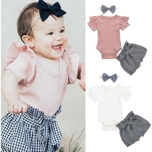 Hot 3PCS Infant Newborn Baby Girl Clothes Solid Color Romper Stripe Plaid Pants Headband Summer Outfits Set1