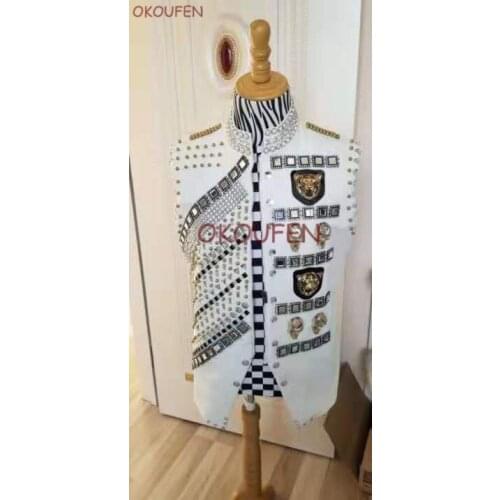 New style handmade Fashion white Rhinestone beads mirror Vest stage costumes nightclub singer dancer show performance coat