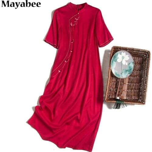 2021 Summer New High-End Custom Embroidery Heavy Silk Stand-Up Collar Chinese Womens Short-Sleeved Dress