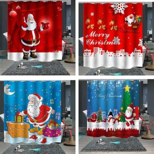 Christmas Santa Waterproof Fabric Bathroom Shower Curtain with 12 Hanging Hooks