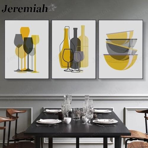 Modern Tableware Canvas Poster Abstract Yellow Gray Bowl Cup Wine Glass Hi and Wall Art Restaurant Kitchen Home Decoration