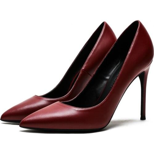 Size 34-41 Female Pointed Toes Genuine Leather Pumps Woman Slip-on Shoes Ladies Elegant High Heels Shoes Women Shoes E0074