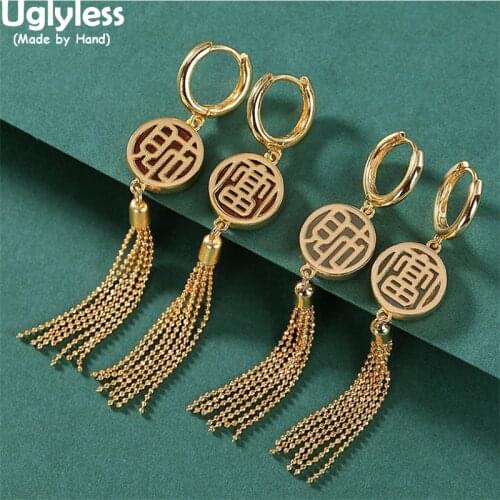 Uglyless Chinese CAI FU Wealth China Cultural Gifts Jewelry Women Gold 925 Silver Multi Chains Tassel Earrings Agate Jade Brinco