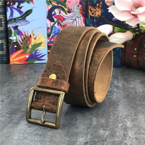 Retro Brass Belt Buckle Leather Belt Men Ceinture Cowboy Jeans Men Belt Leather Genuine Vintage Long Waist Belt Wide MBT0009
