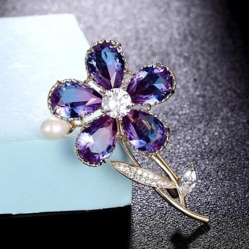 Zlxgirl Great quality zircon Flower Brooch bridal Jewelry for women metal Gold copper pearl Hijab Pins Clothes Suit Accessories