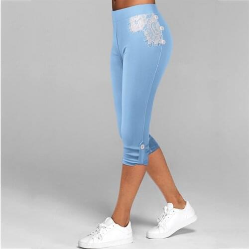 Women Summer Slim Lace Print Button Capri Pants Elastic Casual Cropped Trousers Cropped Stretch Plus Size S-5XL gym clothing