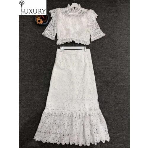 Fashion 2020 2 Summer Piece Set Women Crochet Lace Embroidery Crop Tops+High Waist Mid-Calf Length White Mermaid Skirt Sets Club