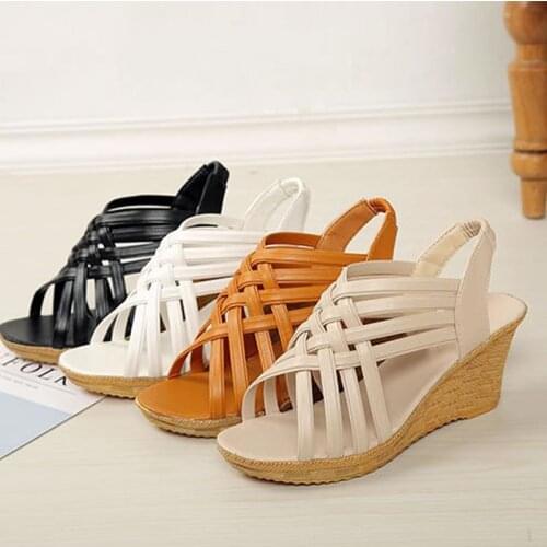 Women Wedge Sandals Platform Women Weave Hollow Out High Heels Pumps PU Leather Shoes Female Footwear 2021 Summer