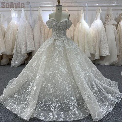 SoAyle #29634 Beautiful Full Lace Off the Shoulder Champagne Bridal Gown Saudi Arabia Wedding Dress for Women Vestido De Novia