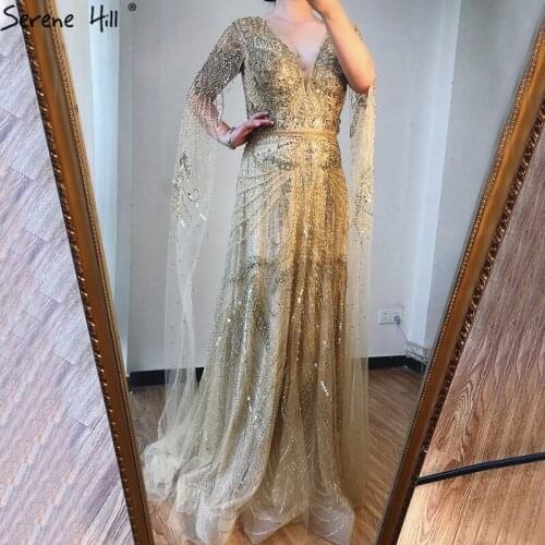 Serene Hill Gold A-Line Luxury Evening Dress Dubai V-Neck Pearls With Cap Sleeves Fromal Party Wear Gown CLA70703