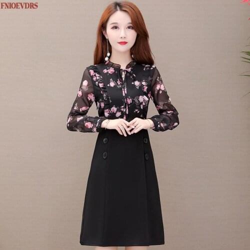 Women 2021 New Fashion Patchwork Faux Two Piece Floral Printed Vintage Black Dress