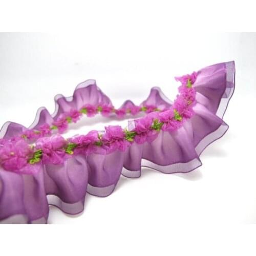 1 5/8 Inch Purple Ombre Pleated Printed Polyester Ribbon with Woven Rosette Trim|Headband Supplies|Hair Embellishment