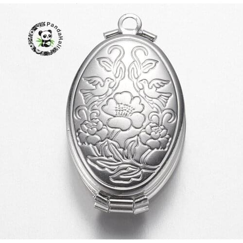 Pandahall 10pcs brass locket pendants jewelry making Necklace, oval with flower, multilayer, Metal, 35x20x10mm, hole: 2mm F60