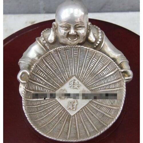 13 CM China Pure Bronze Silver-gilt Sack Monk Maitreya Buddha tray salver Statue
