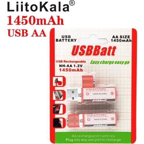2pcs/lot LiitoKala USB Mini AA Battery Nimh AA 1.2V 1450MAH Rechargeable Battery NIMH USB AA 1450 With Colorful Card CE FCC ROHS