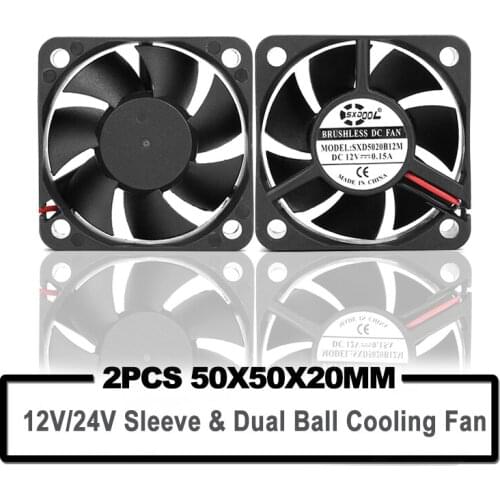 2Pcs SXDOOL 50mm mini cooling fan 5cm DC 12V 24V 2Pin 5020 50x50x20mm Dual Ball Bearing Sleeve Bearing Mini Cooler Cooling Fan