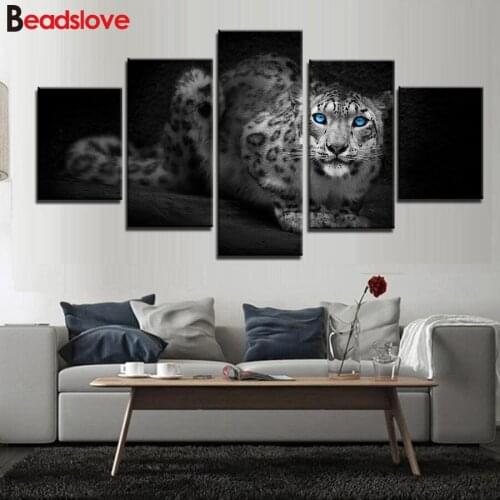 5 panels diamond painting Black And White Leopard Panthera Onca Blue Eyes mosaic full square round 5d Diy Diamond Embroidery