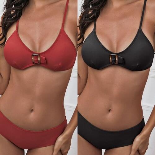 Push Up Bikinis 2021 Sexy Women Swimsuit Wine Red Cute Beachwear With Buckle Swimwear Solid Bikini Set Mini Swim Wear Biquinis