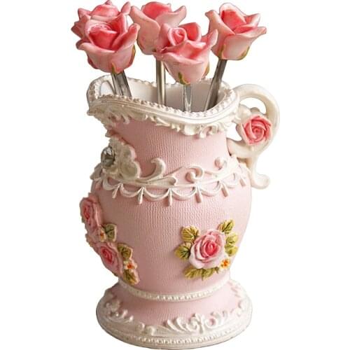 Embossed rose kettle Fruit Fork Suit Stainless Steel Creative Cake Dessert Fork Stir Bar Value Set Resin Crafts Gift