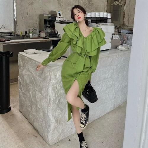 V-neck Ruffles Black Woman Dresses Korean Fashion White Dress Loose Ladies Green Sweet Style Autumn Vestido Feminino New