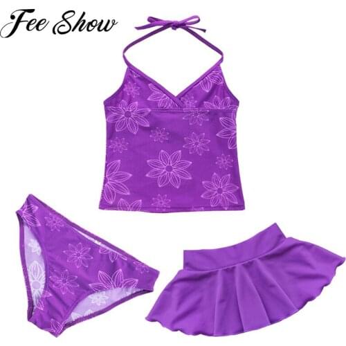 Kids Teens Swimming Purple Halter Crop Top with Shorts Skirt Bikini Set Girls Tankini Swimwear Swimsuit Set Bathing Suit