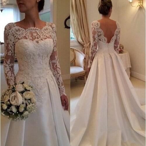 Elegant Backless Wedding Dress 2020 Vintage robe de marie Lace Satin Long Sleeve Bride Dresses vestido de novia Plus Size Ivory
