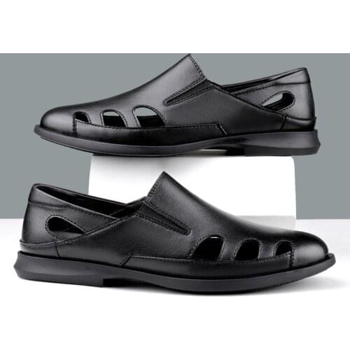 FIXSYS Classic Black Sandals Leather Man Casual Shoes Summer Breathable Street Walking Shoes Mens Casual Office Shoes Men Slides