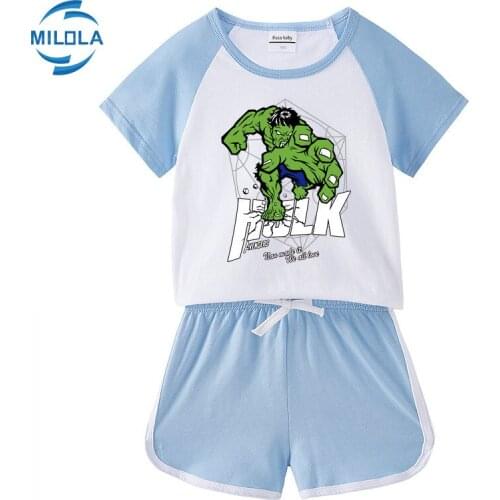 Disney Marvel Avengers Hulk Baby Boy Girls Clothes Print Summer Short Sleeve T shirt+ Pants Toddler Set Casual Cotton Clothing