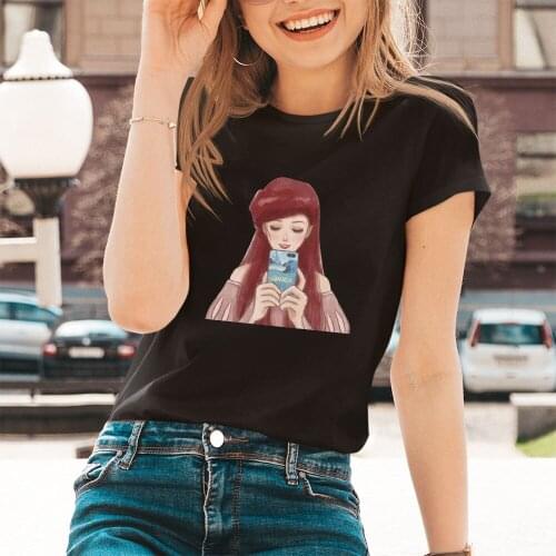 Ariel The Little Mermaid Disney Princess Graphic Cartoon Ladies Summer Black T-Shirt Women Tops Girls Clothing Female T Shirt