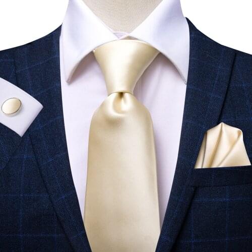 Hi-tie Yellow Buff Solid Mens Tie Luxury Silk Necktie Hanky Cufflinks Set Ties Formal Wedding Dress 100% Silk Dot Gifts for Men